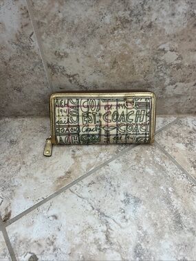 COACH Tattersall Gold Metallic Graffiti PVC Zip Around Wallet! Rare! (0535)